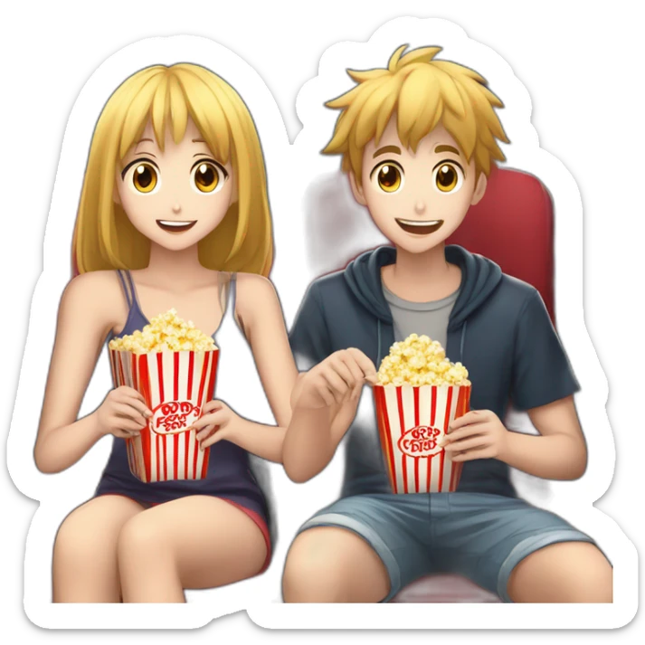 two anime girls 1 anime boy, watching movie at the cinema eating popcorn, dark background sticker