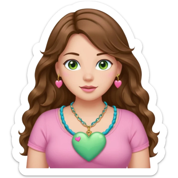 Girl girl long wavy brown hair, green/blue/gold eyes, plus size, pink girly top, pink heart necklace sticker