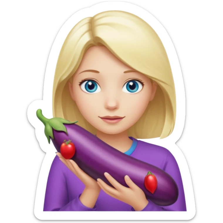 Blonde long hair girl, blue eyes, holding a long eggplant with both hands sticker