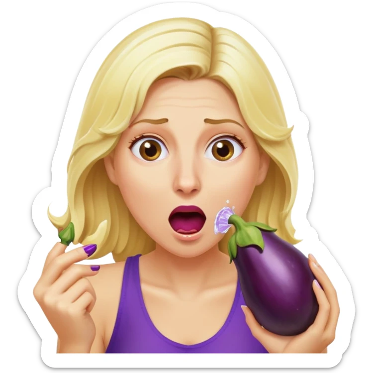 blond woman biting an aubergine, water jet coming out of the eggplant, shocked expression sticker