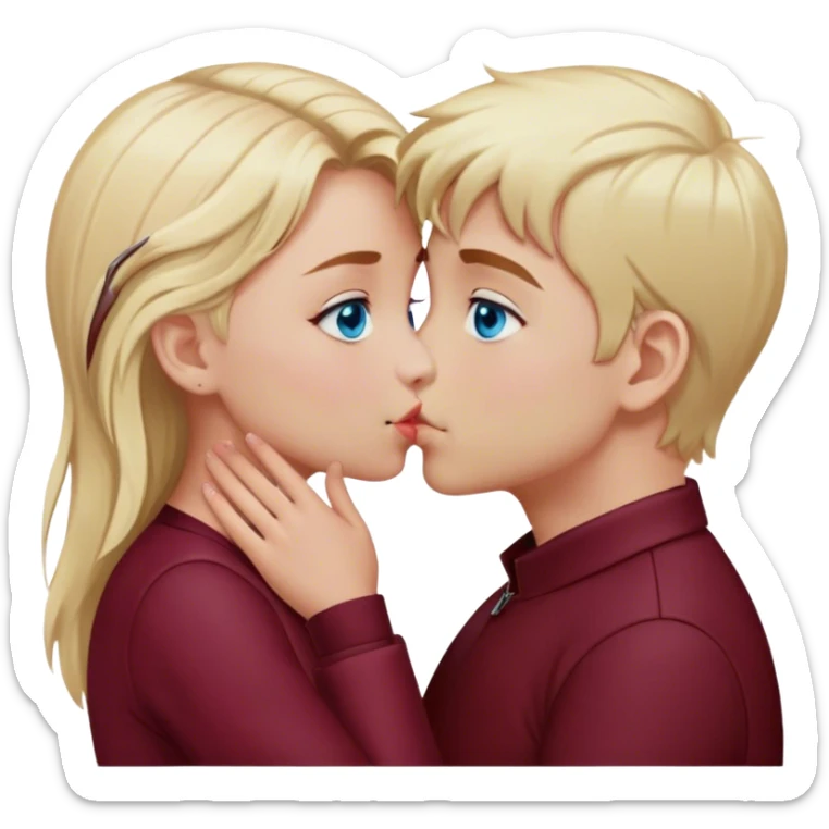 kiss-kiss boy and girl blue eyes and blond hair cloth burgundy color sticker