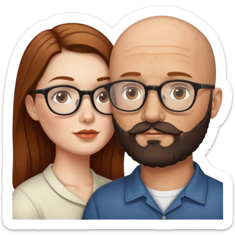 Couple. Bald man with dark brown-black beard. White woman with many small, faded freckles, she has white skin and she has auburn-brown-cinnamon, dark long hair. She has light brown eyes. The man have hazel eyes and glasses. She have light eyes. Retro style. She kisses him. sticker