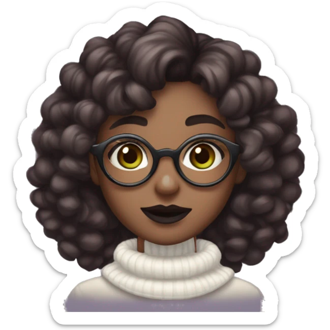 kawaii woman, green eyes, dark brown hair, super curly pigtails, white turtleneck, dark skin color, glasses, dark plum lipstick on full lips, hype expression. sticker