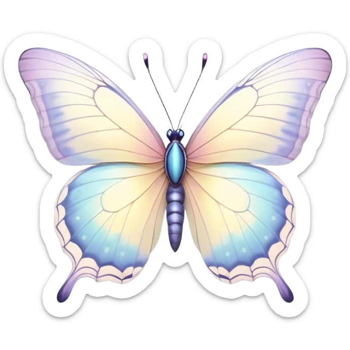 Beautiful and Majestic Butterfly Portrait Emoji, Head and body rendered in serene repose with a gentle, content smile, showcasing a delicately patterned form with softly shimmering wings and eyes peacefully closed in tranquil repose, Simplified yet exquisitely endearing features, highly detailed, glowing with a soft, drowsy pastel light, high shine, relaxed and utterly noble, stylized with an air of timeless natural beauty, soft glowing outline, capturing the essence of a majestic butterfly that embodies the pure enchantment of nature! sticker