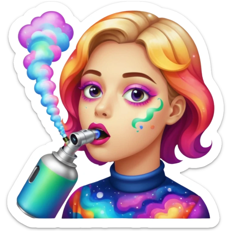 Emoji-style face inhaling from Galaxy Gas nitrous oxide canister, mouth on nozzle, kaleidoscope psychedelic eyes, colorful vapor swirling sticker