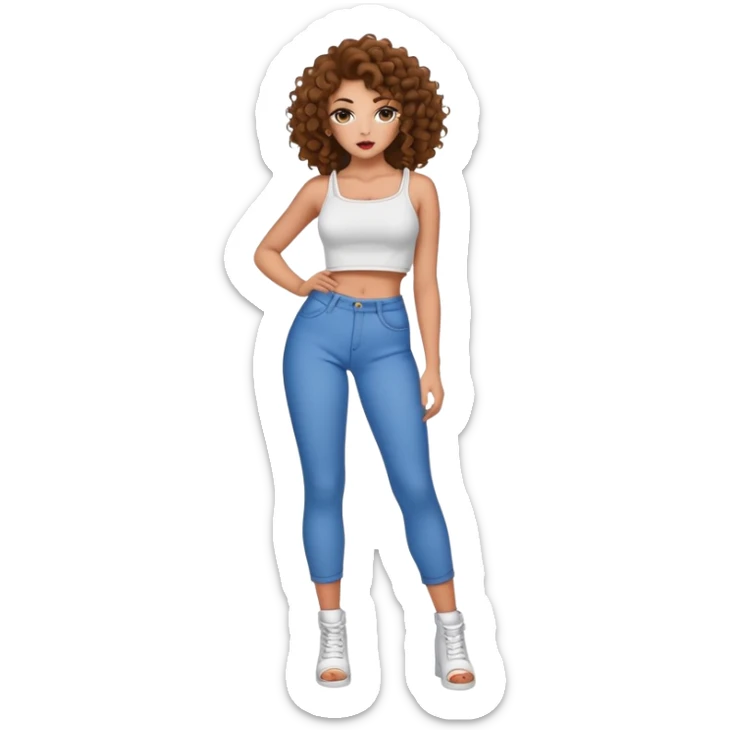 Full body teenage girl with curly brown hair, heavy makeup, big lips, crop top and choni style clothing sticker