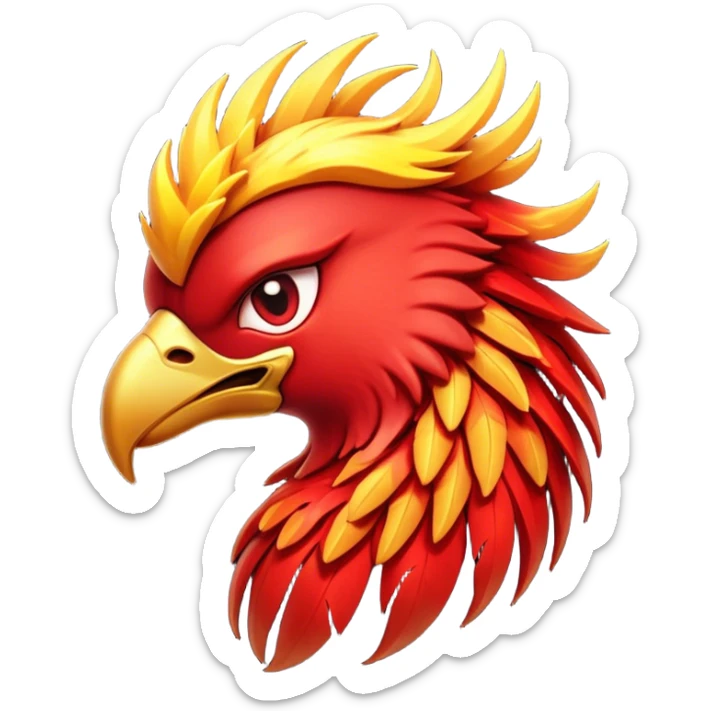 Cinematic Battle-Hardened Mystical Fire Phoenix Portrait Emoji, head bowed slightly in a moment of raw resilience, revealing a form etched with the wear of relentless conflict. Ragged, scorched plumage and half-closed, determined eyes speak to battles fought and won. Rendered with authentic detail and dramatic natural light that accentuates every scar and burn, high shine, this portrayal blends vulnerability with hardened strength, outlined in a soft glow that captures the essence of a phoenix tempered by the fires of combat. sticker