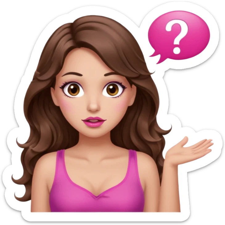 girl with long wavy brown hair, brown eyes, long lashes makeup, sexy pink lips, light to medium complexion, wearing a pink sexy top, shugging, question mark one speech bubble sticker