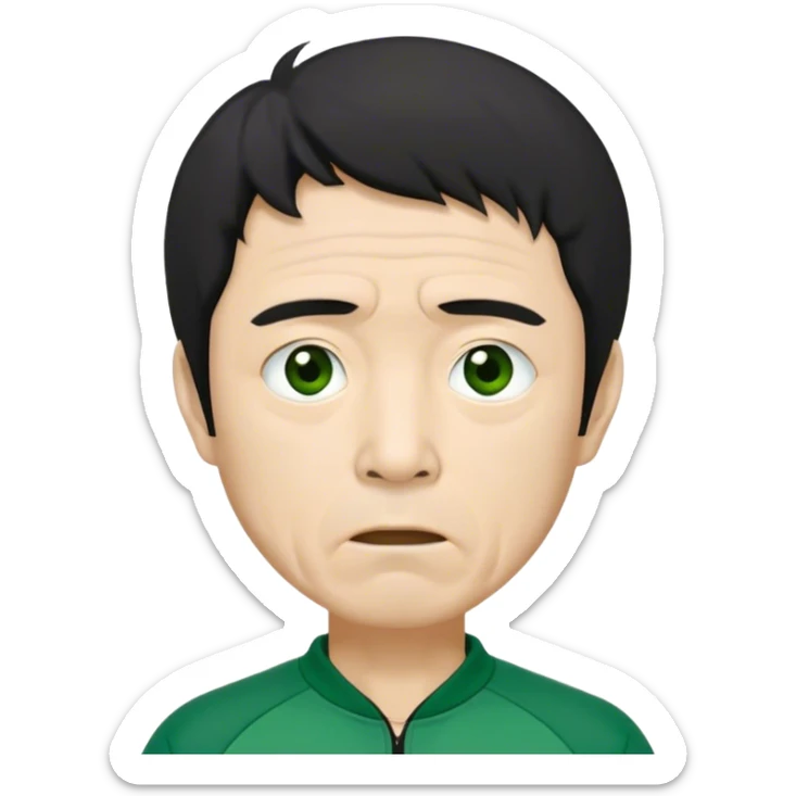 Seong Gi-hun : age 60, skinny and bony face, small mouth, unkempt black hair and tired eyes, Green player tracksuit. sticker