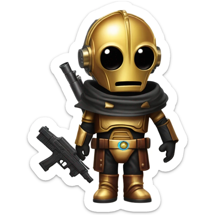 battle rough and tough bounty hunter c3Po wearing Satan’s leather outfit with guns and flat-brimmed hat on head. walking happy sticker