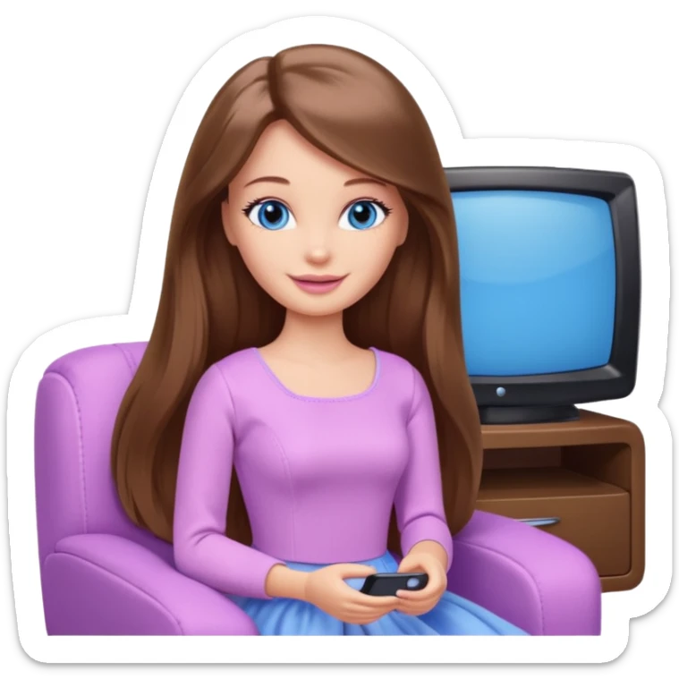 beautiful barbie girl with long brown hair, blue eyes and wearing light purple clothes watching tv sticker