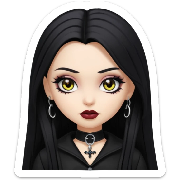 goth bratz baddie, beautiful hazel eyes, long black gothic hair styled, black goth clothes sticker