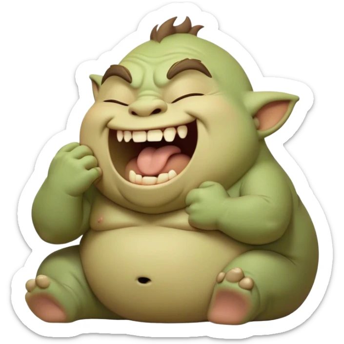 Cinematic Cute Yawning Ogre Portrait Emoji, with a surprisingly cuddly, rotund figure in soft earthy greens and browns, head tilted back in a big, gentle yawn exposing a set of comically oversized teeth, simplified yet irresistibly adorable, highly detailed with a soft glowing outline that captures the sleepy charm of a friendly ogre after a long day of gentle mischief! sticker
