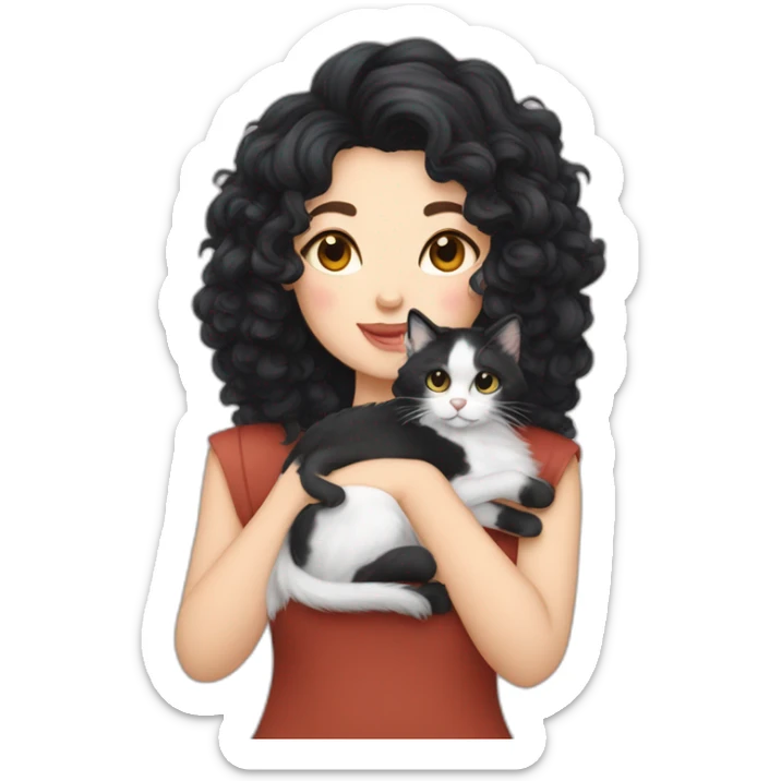 white women with black and curly hair who is cuddling a siberian neva masqueradecat sticker