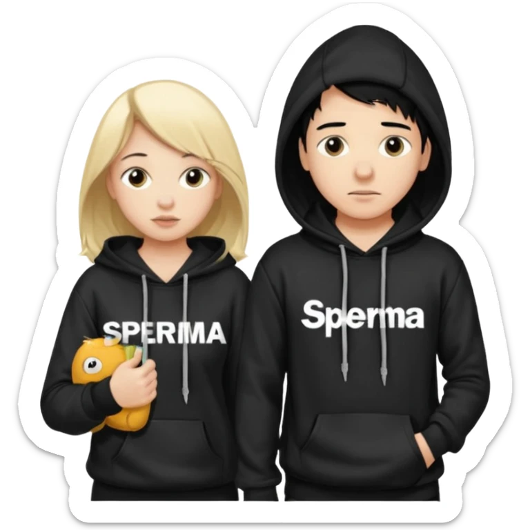 chce by to byla taka emotka 🙍‍♂️
chlopaka z czarnymi losami i czarna bluza z biaty.m
napisem "sperma" na srdoku i zeby za nim stala taka ladna blondynka z wlosami do klatki piersiowej ciagnaca za sznurek od
kaptura od bluzy tej pierwszej osobyl sticker