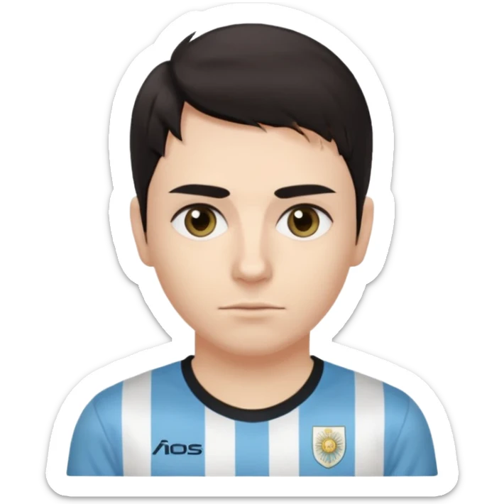 A dark-haired person with dark circles under their eyes and an Argentina t-shirt, with short and long hair but not combed. sticker