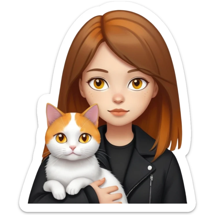 Light-skinned girl with brown straight hair wearing a black jacket, holding one pure white cat with bright yellow eyes and one calico cat with orange black and white patches sticker
