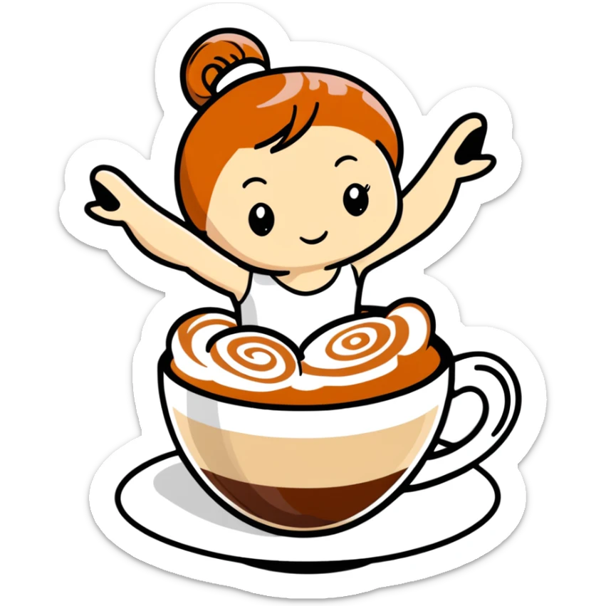 Cute ballerina dancing on top of a cappuccino cup, with cream and cinnamon swirls sticker