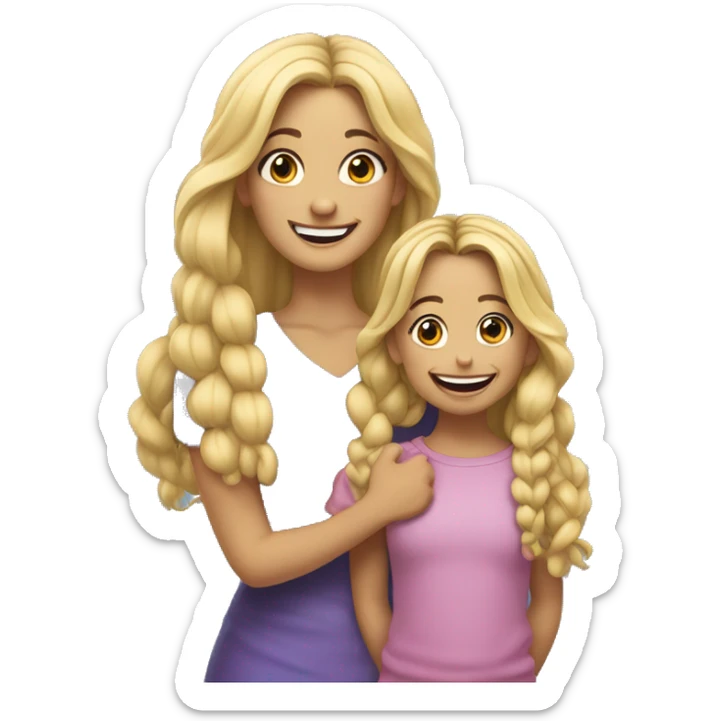 An emoji of a blonde mother with very long hair and a cheerful expression, standing next to her 3-year-old daughter, a small girl with black hair styled in two braids, both smiling happily together sticker