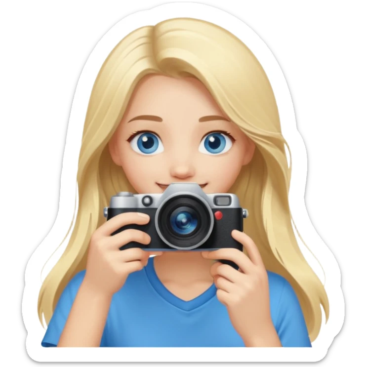  blue eyes blonde girl photographer cartoon taking picture in middle of taking picture camera in front of face long hair smiling funny flash professiona sticker