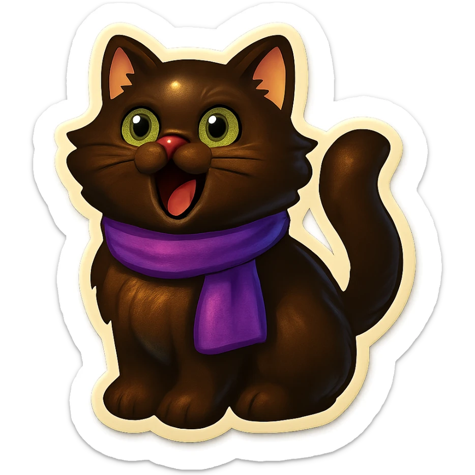 Fluffy meowing cute dark-brown cat with green eyes and a purple scarf  sticker