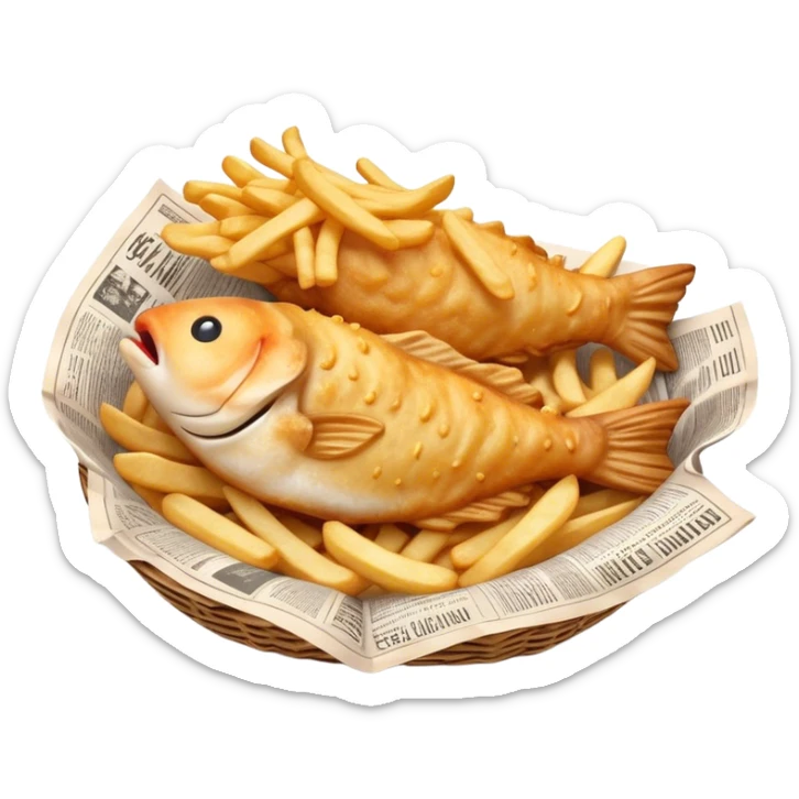 Cinematic Realistic Fish and Chips Dish Emoji, depicted with crispy golden battered fish and chunky hand‚Äêcut chips served in traditional newspaper wrapping, rendered with mouth‚Äêwatering texture and warm natural lighting that captures its quintessential British charm. sticker