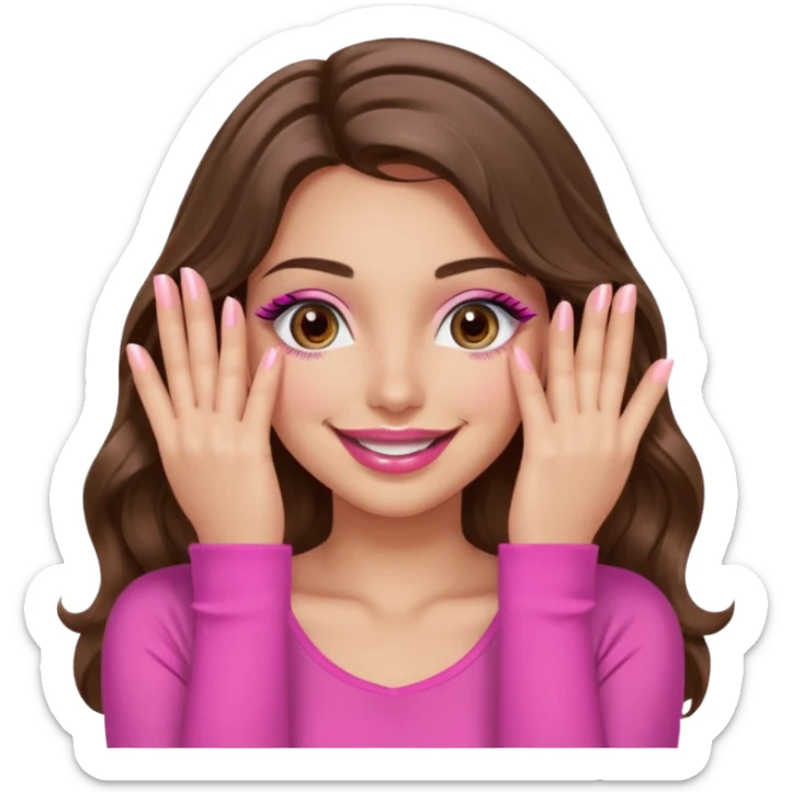 girl with long wavy brown hair, brown eyes, long lashes, sexy pink lips, light to medium complexion, wearing a pink sexy top, smiling, hands covering over the eyes sticker