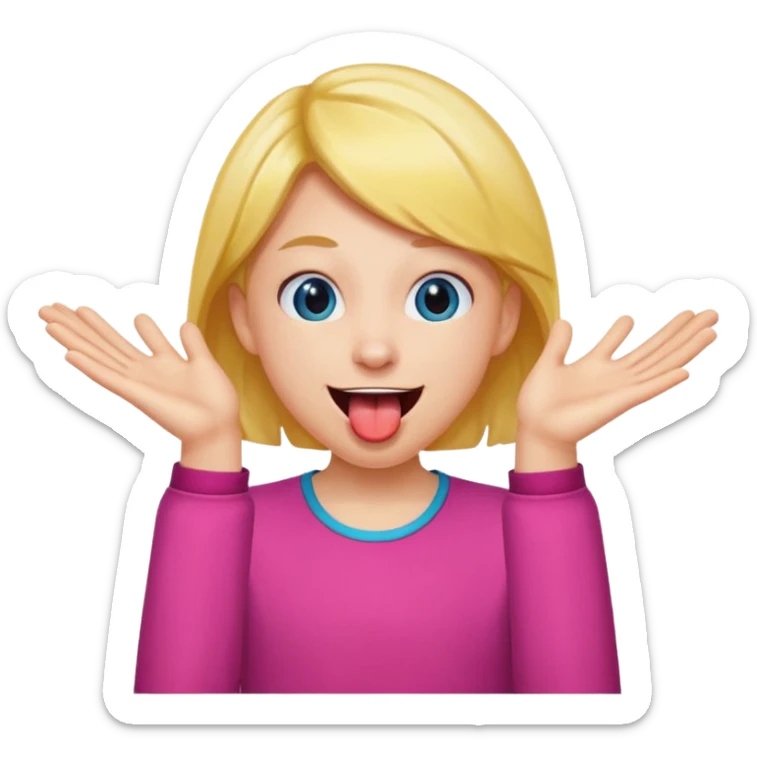 pessoa fazendo careta, com sorriso divertido, língua pra fora e mãos abertas próximas ao rosto sticker