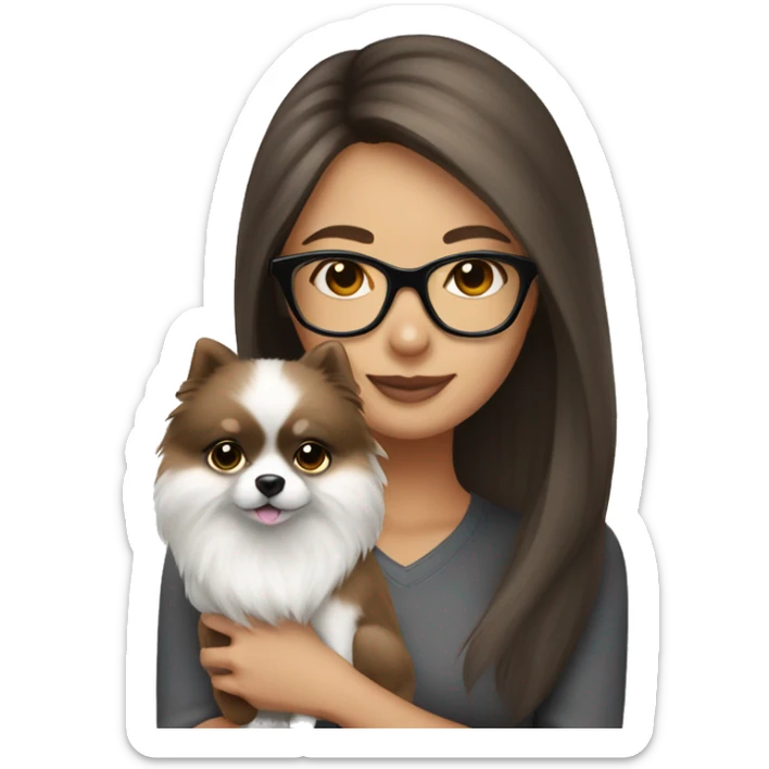 Brown hair girl with glasses holding a white and grey pomeranian sticker