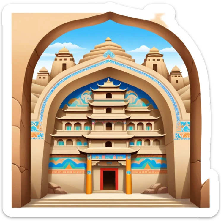 Mogao Caves Dunhuang with colorful Buddhist murals, simplified emoji style with bold outlines and bright colors, cartoon style cave entrance with paintings sticker