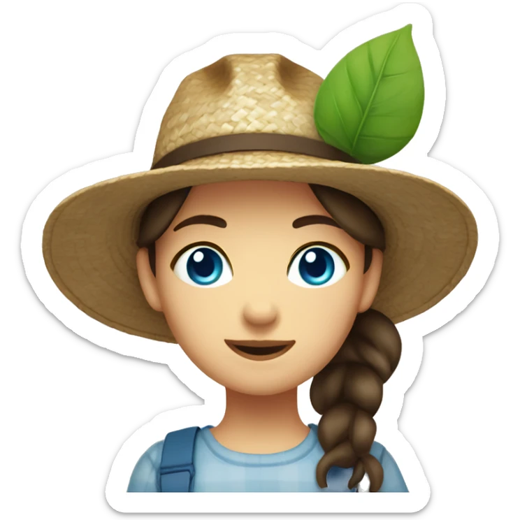 farmer girl, bright blue eyes, dark brown hair, with a straw hat, ponytail, holding greens sticker