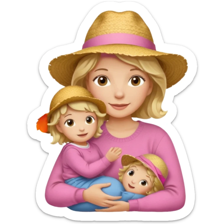 A cheerful wavy short blond hair mom in a straw hat carrying her child, wearing a pink sweater sticker