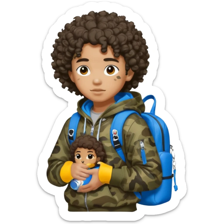 blasian teenager with curly hair, andbape hoodie and sprayground backpack sticker