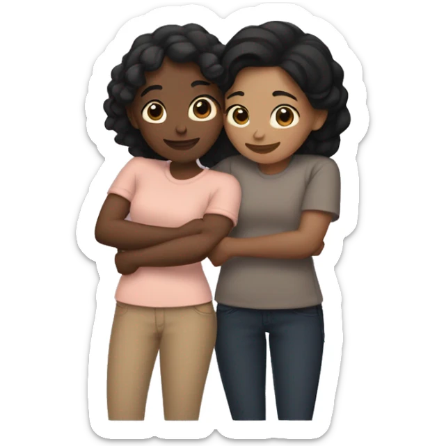 Three friends hugging each other warmly. One friend has fair skin and straight black hair, another has dark skin with black hair styled in a low bun, and the third has tan skin with wavy black hair.” sticker