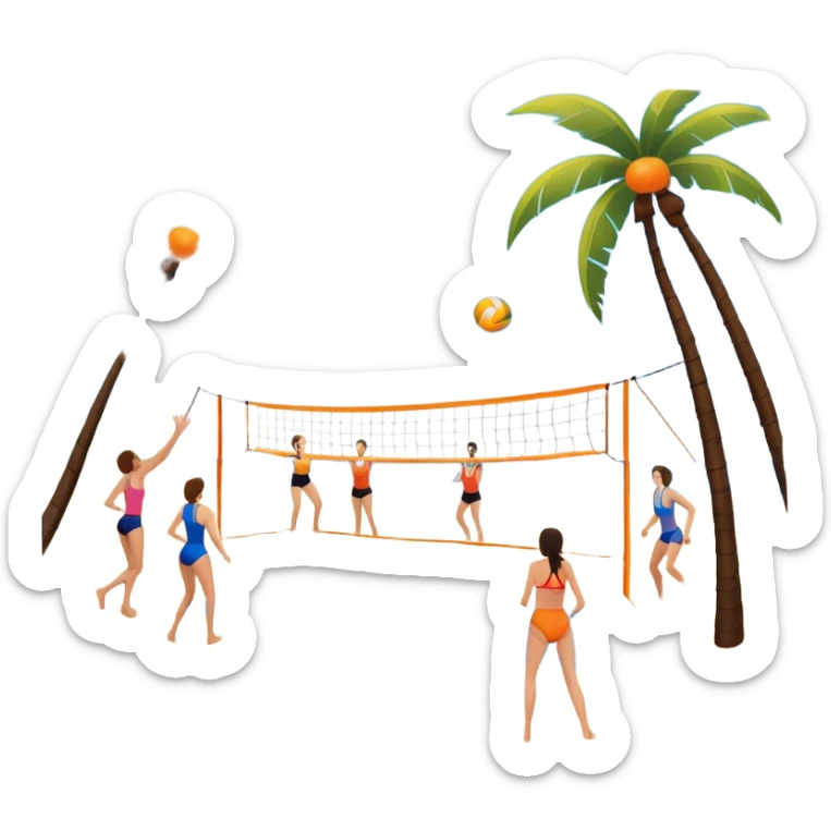 The scene captures a sunny sea beach atmosphere with clear blue sea and sky, palm trees swaying, and people in swimsuits enjoying the vibrant surroundings. A volleyball resting on the orange sand ground of a beach, with a volleyball net in the background.  sticker