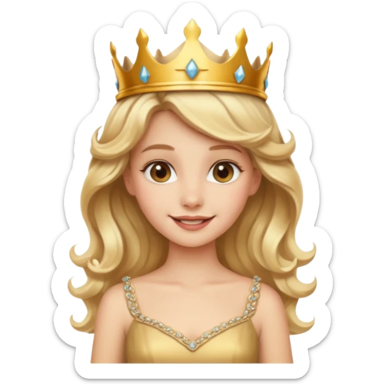 Cheerful blonde princess with wavy hair and light gold dress, wearing crown sticker