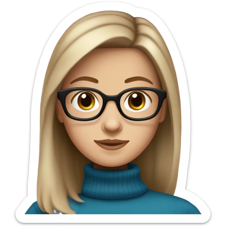 White girl wearing turtleneck with blue eyes, brown hair bob, and glasses sticker
