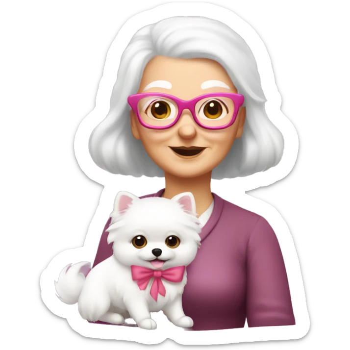 white old lady with glasses and red hair holding a cute white pomerania wearing a pink bow sticker