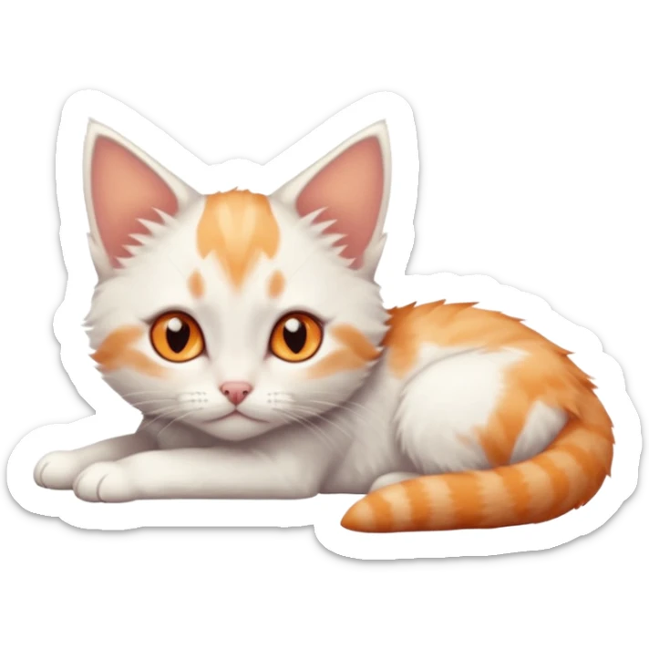full body of very small + skinny ginger and white kitten with deep orange eyes and triangular shaped face lying down sticker