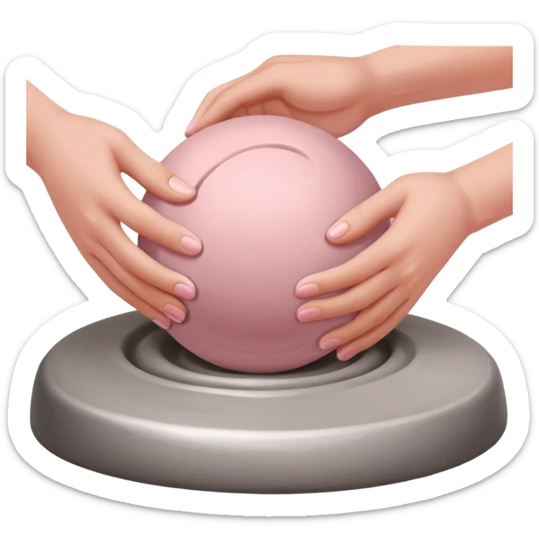 two hands kneading a pink ball of clay over a silver pottery wheel without the clay touching the wheel sticker