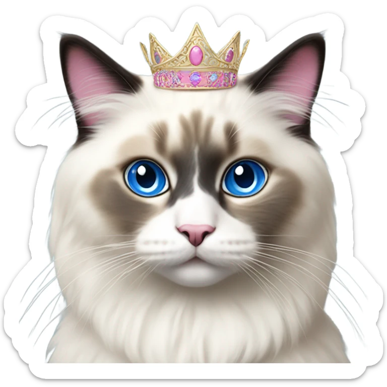 Realistic ragdoll cat with blue eyes and Dark markings wearing pink and gold tiara sticker