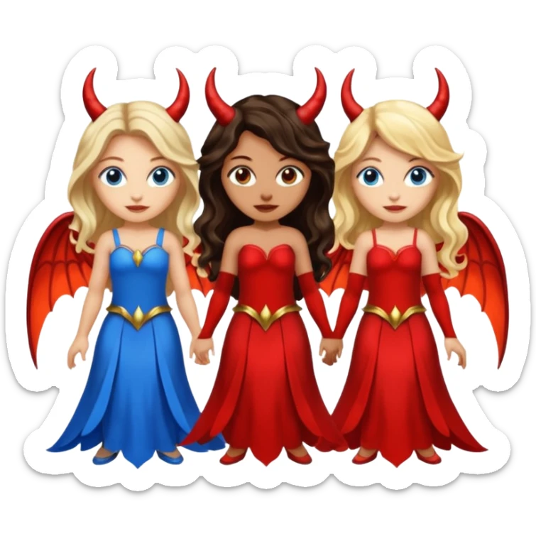 Three women as devil fairies with wings, brown eyed light skin with dark blonde long hair and Brown eyed light skin black long wavy hair and blue eyed light skin long blonde hair sticker