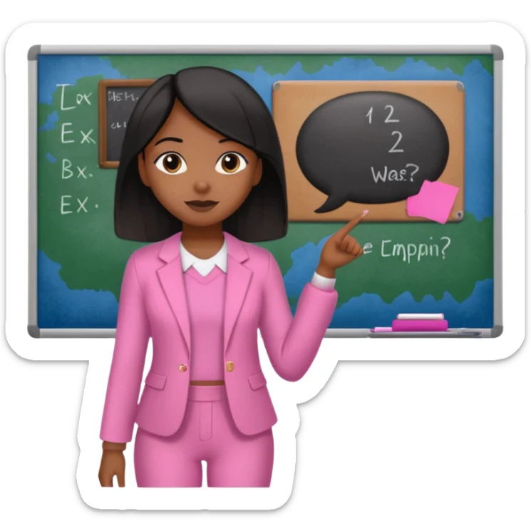 a brown skin teachers with hair that stop at elbpws girl with black straight like hair wearing pink not hot pink 2 piece set teaching up on a board sticker