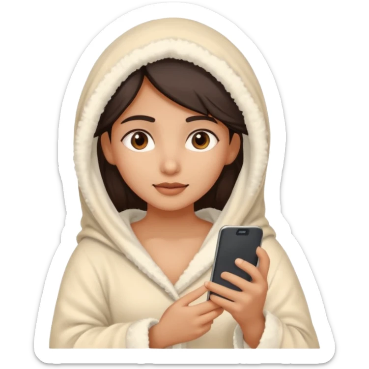 a pretty bratz fair indian girl covered in blanket, wearing beige pajamas, using phone sticker