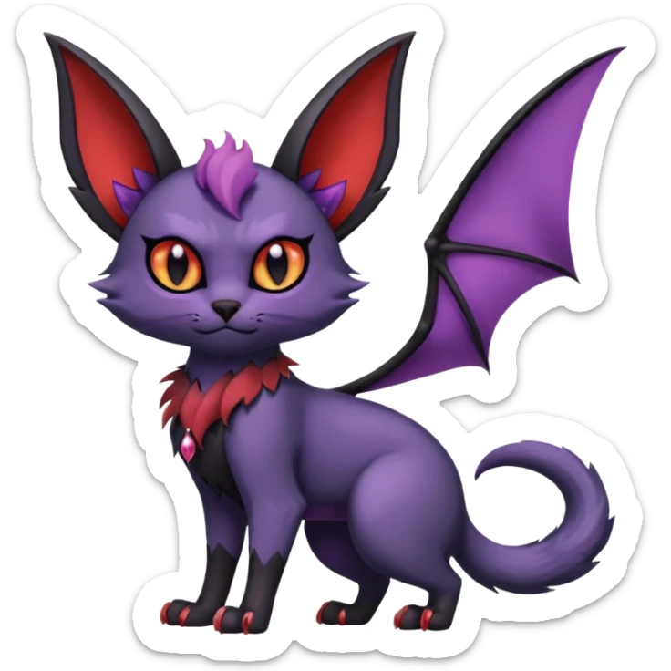 Black edgy Swoobat-Noibat-Purloin-Torracat-Lykoi-Caracal-cat-Fakemon-fusion-hybrid-creature with with tufted ears, tufted tail, bat wings as ears, head wings, ear wings, vampiric, batty, violet and red scale markings sticker