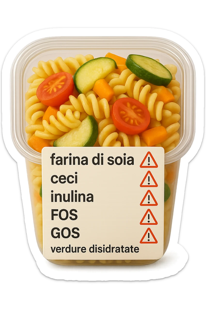 SU QUESTO STILE FAI UN EMOJI STILE IPHONE 3D DI UN insalata di pasta precotta preconfezionata con ETICHETTA CON GLI INGREDIENTI SCRITTI, "farina di soia, ceci, inulina, FOS, GOS, verdure disidratate" accanto ad ogni nome scritto mettici un segnale di allarme, FALLO MOLTO REALISTICO IN 3D sticker