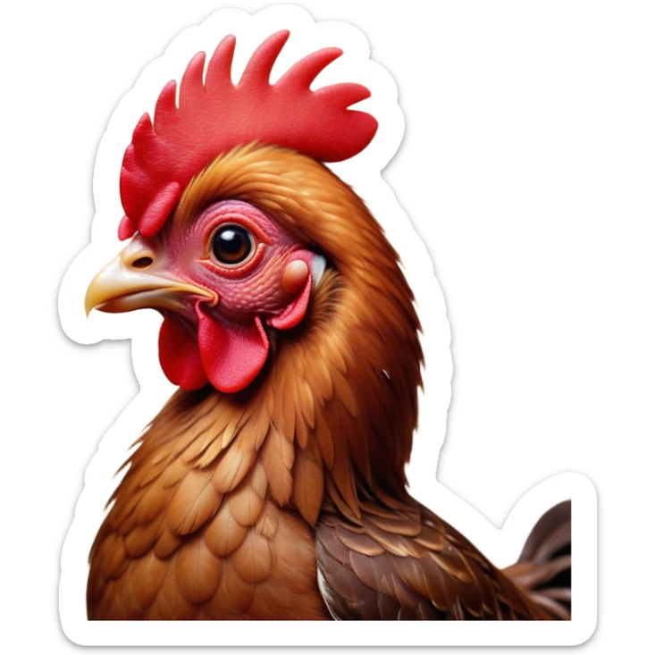 Cinematic Cute Brown Chicken Portrait Emoji, Head tilted playfully and inquisitively, featuring a lustrous brown feathered coat with a natural sheen and a subtle red comb, round, sparkling beady eyes filled with curiosity, Simplified yet irresistibly adorable features, highly detailed, glowing with a warm, friendly glow, high shine, affectionate and lively, stylized with a touch of country charm, bright and endearing, soft glowing outline, capturing the essence of a mischievous yet loving chicken, so playful it feels like it could peck out of the screen and into your arms! sticker