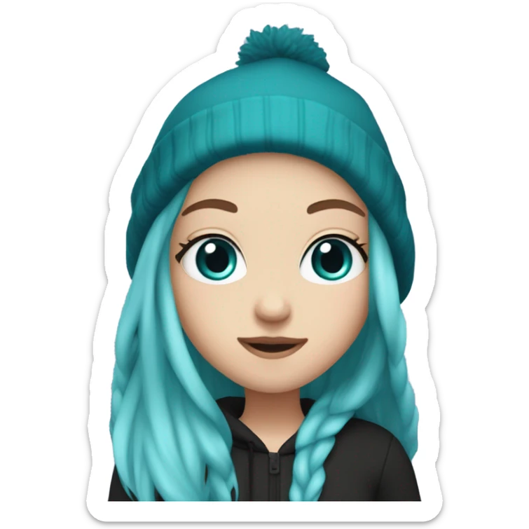 White girl, blue eyes, long teal hair, purple beanie hat, black hoodie, blue jeans, black shoes sticker