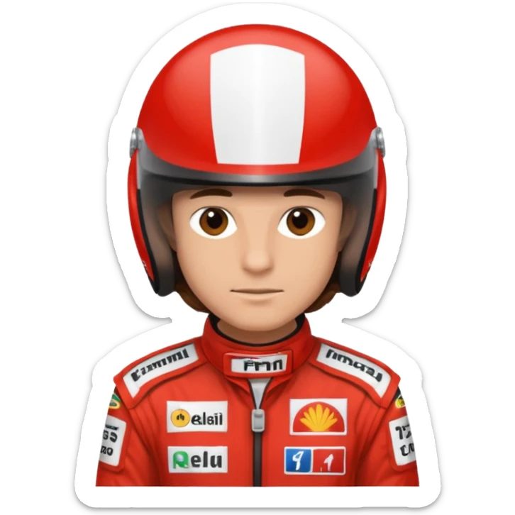 Man, brown eyes, brown silky hair, lightly tanned, wearing a formula one outfit sticker