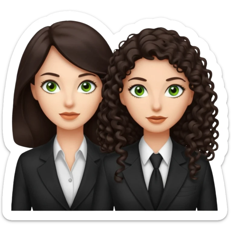 Two besties as agents, 1: long ironed straight darkbrown hair, green eyes, 2: long curly darkbrown hair, brown eyes  sticker
